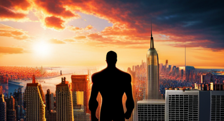 An impression of a superhero overlooking a city, in the same way AML software helps to add value to client onboarding experiences